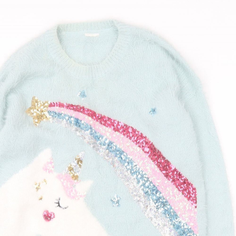 F&F Girls Blue Roll Neck  Polyamide Pullover Jumper Size 13-14 Years  Pullover - Unicorn
