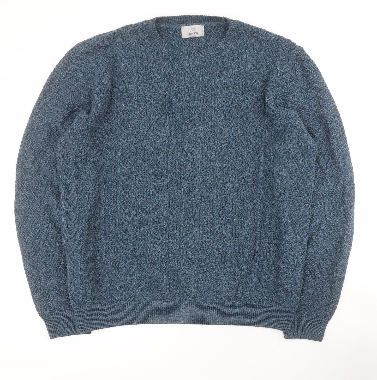 Marks and Spencer Mens Blue Round Neck  Cotton Pullover Jumper Size XL