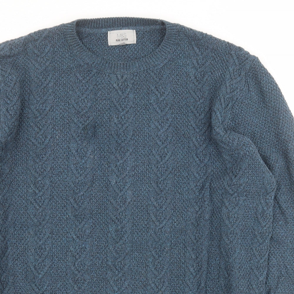 Marks and Spencer Mens Blue Round Neck  Cotton Pullover Jumper Size XL
