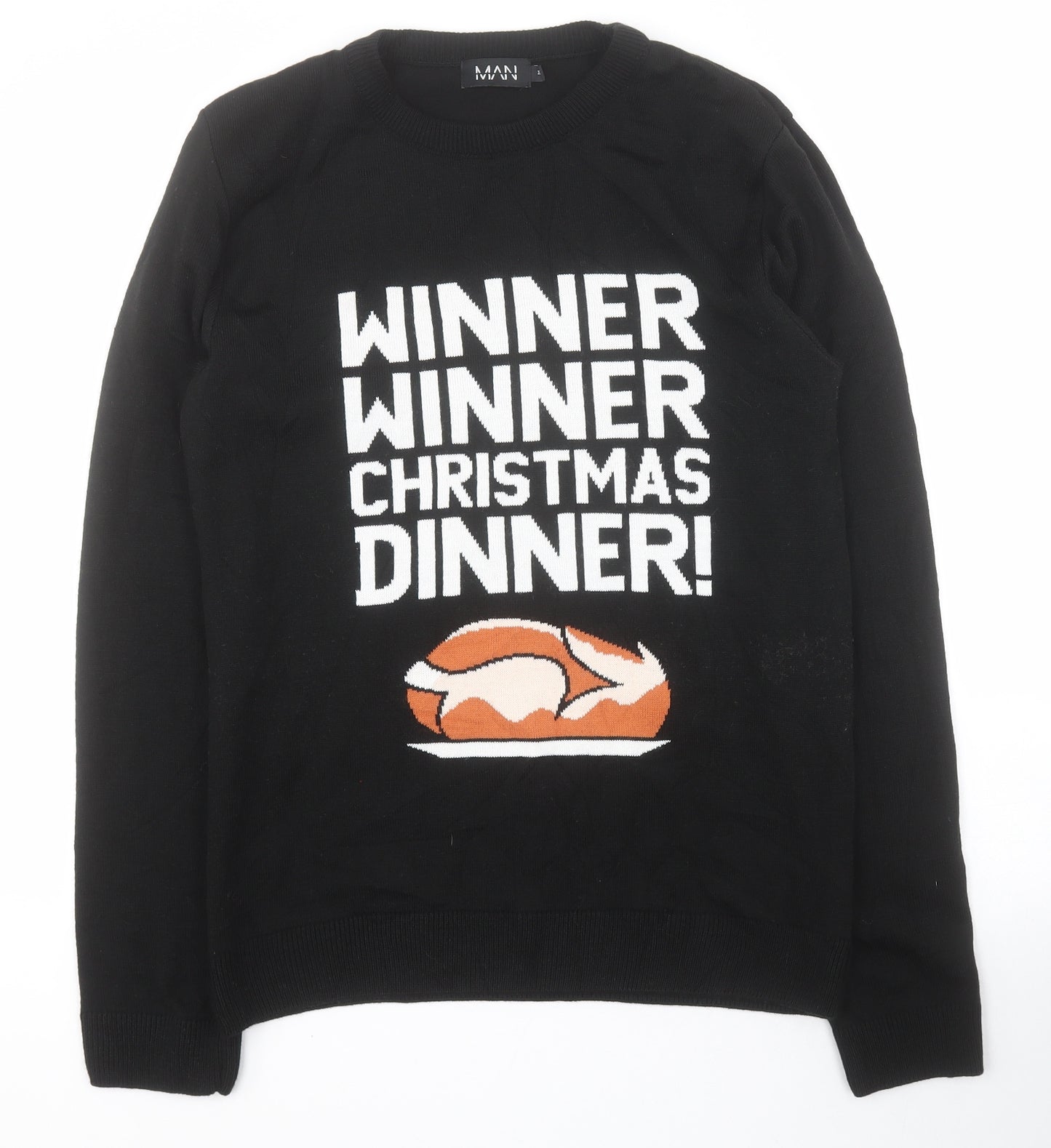Boohoo Man Mens Black Round Neck  Acrylic Pullover Jumper Size M   - Christmas