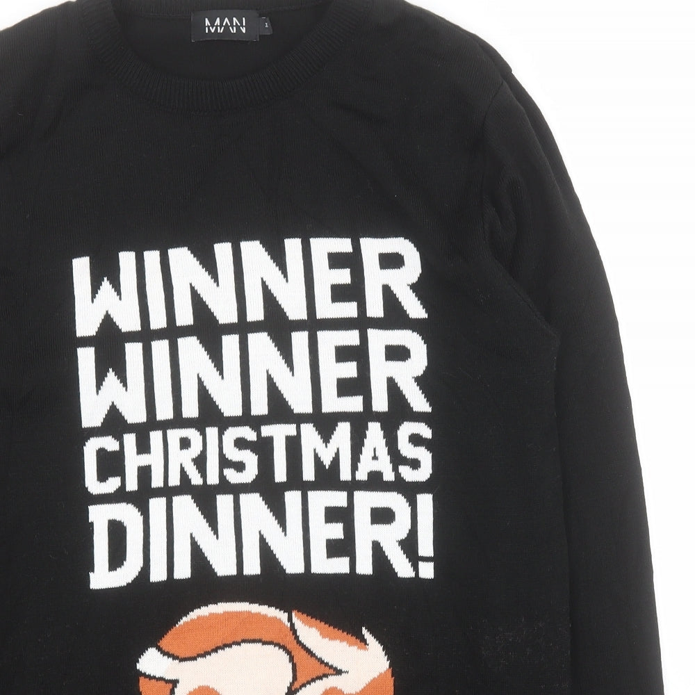 Boohoo Man Mens Black Round Neck  Acrylic Pullover Jumper Size M   - Christmas