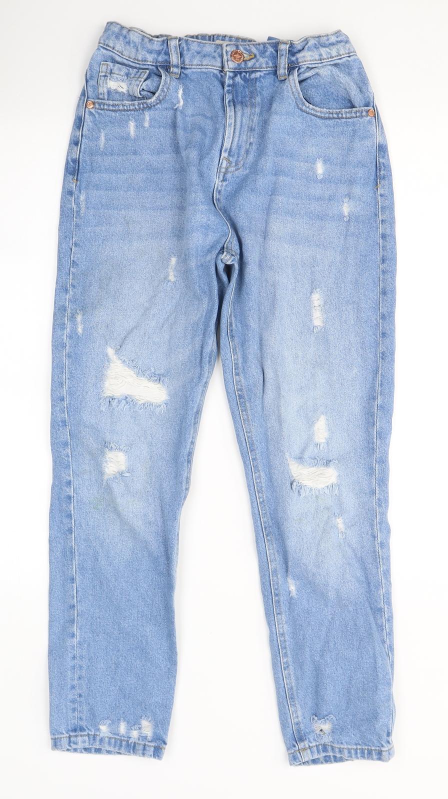 Marks and Spencer Girls Blue  Cotton Skinny Jeans Size 13-14 Years  Regular Button - ripped detail