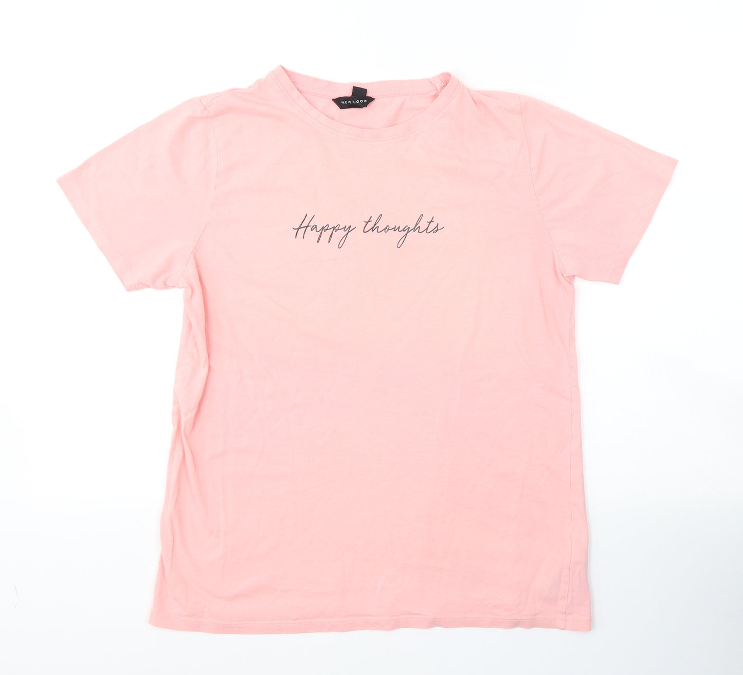 New Look Womens Pink  Cotton Basic T-Shirt Size 12 Round Neck - Happy Thoughts