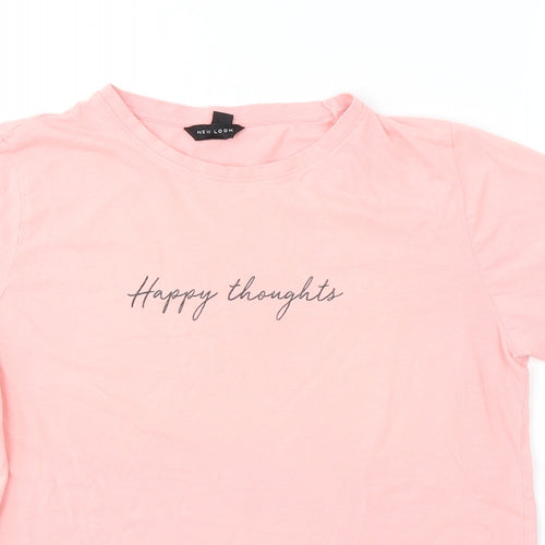 New Look Womens Pink  Cotton Basic T-Shirt Size 12 Round Neck - Happy Thoughts