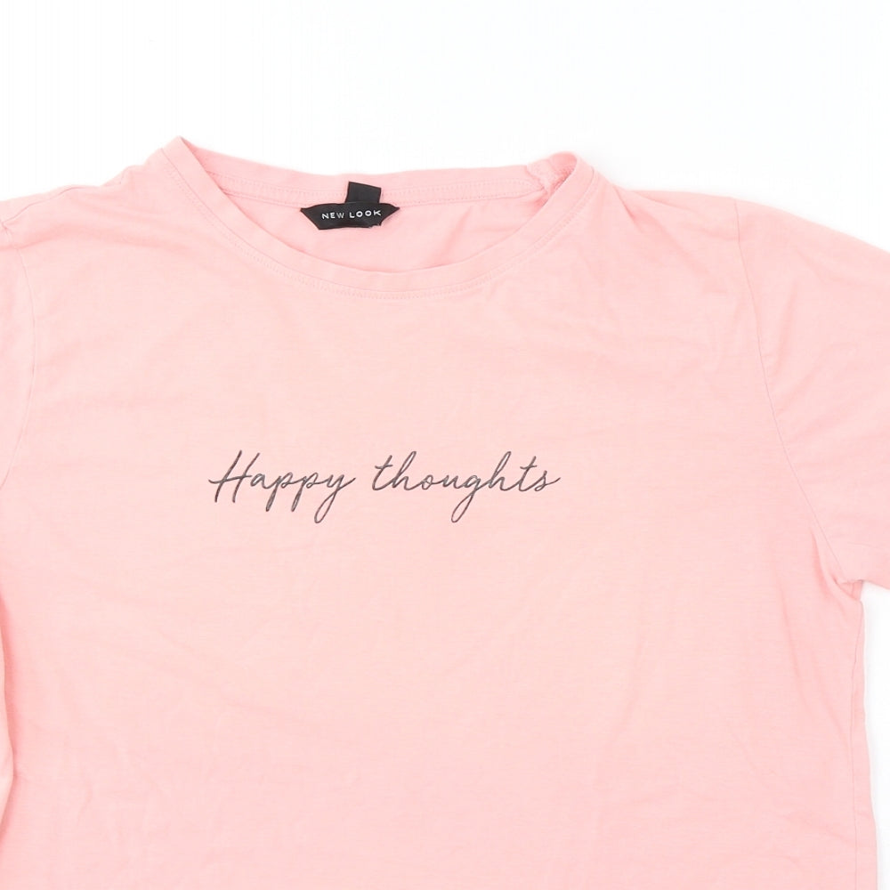 New Look Womens Pink  Cotton Basic T-Shirt Size 12 Round Neck - Happy Thoughts