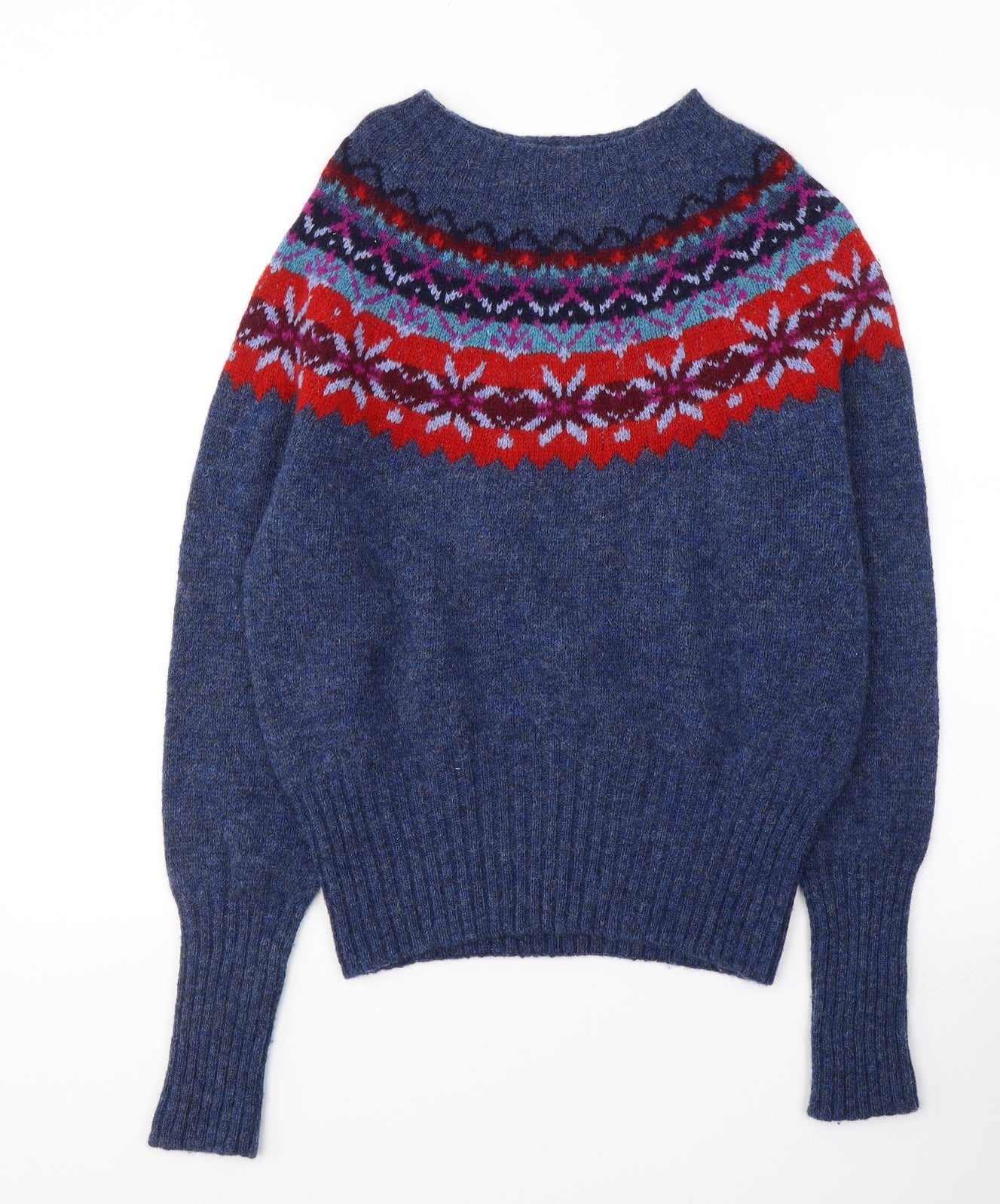Toast Womens Blue Round Neck Fair Isle Wool Pullover Jumper Size M