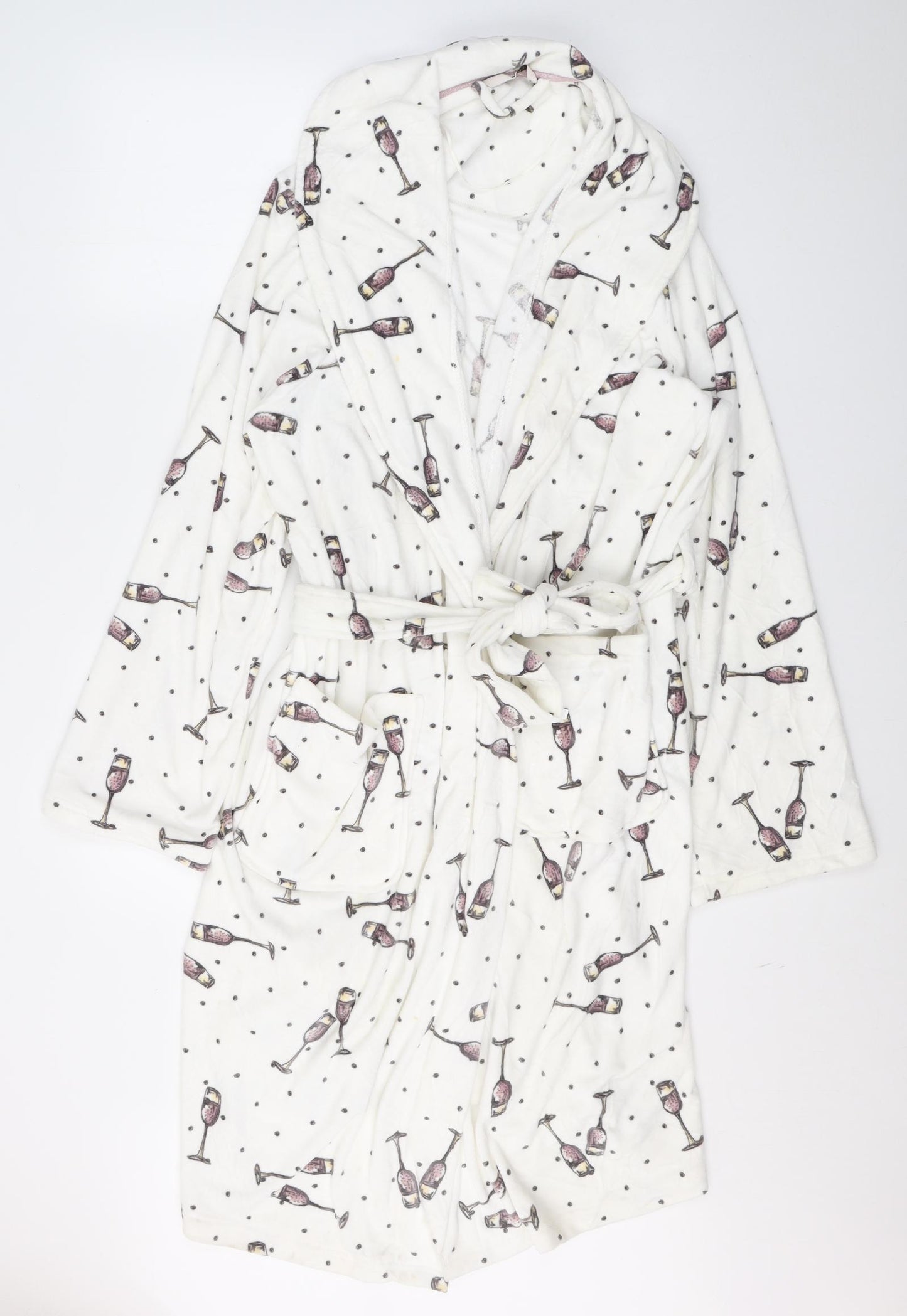 TU Womens White Polka Dot Polyester Kimono Gown Size XL  Tie - Wine Glass