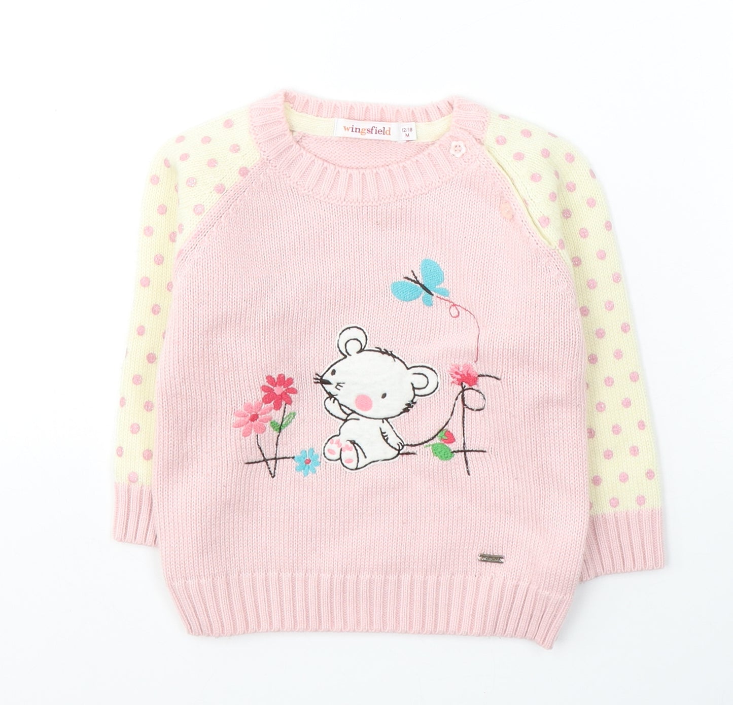 Wingsfield Girls Pink Spotted Acrylic Pullover Jumper Size 12-18 Months  Pullover - teddy bear