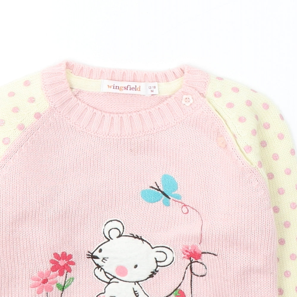 Wingsfield Girls Pink Spotted Acrylic Pullover Jumper Size 12-18 Months  Pullover - teddy bear