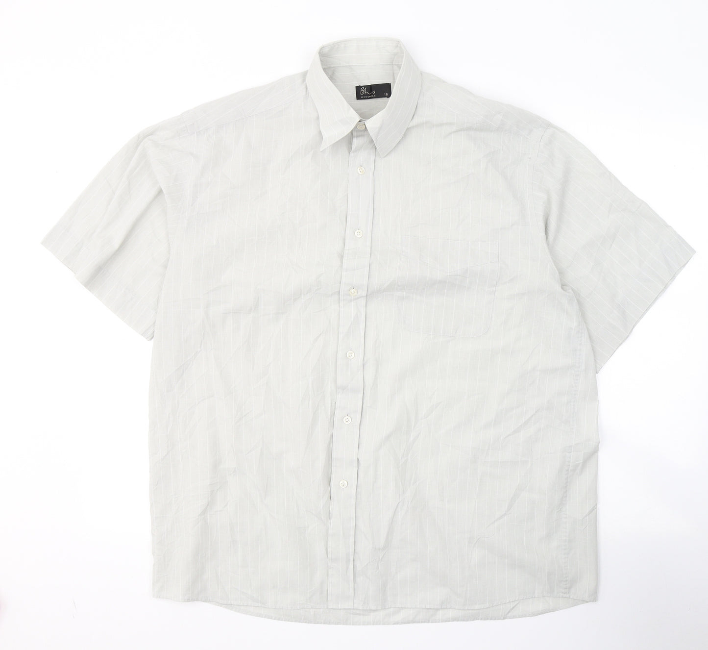 BHS Mens Grey Striped Polyester  Button-Up Size 16 Collared Button