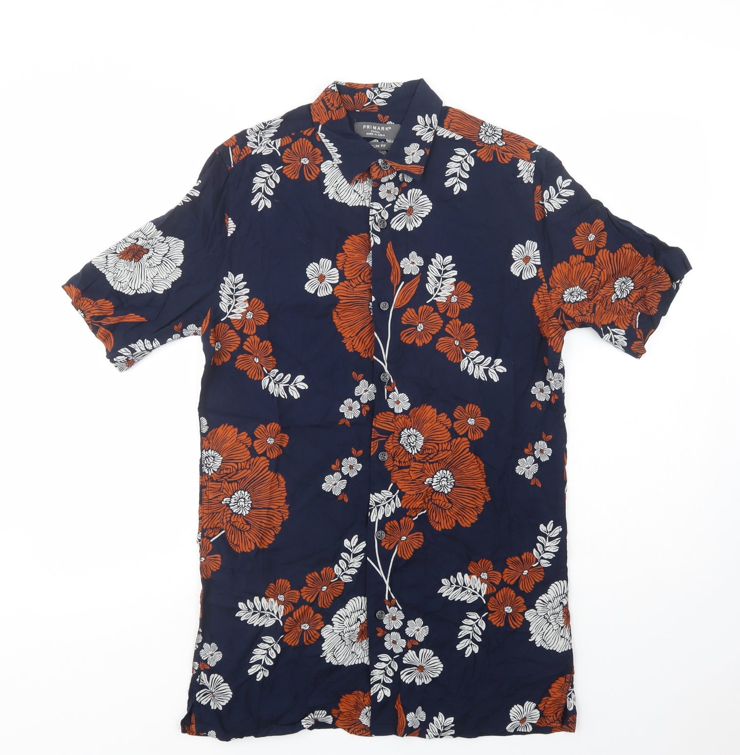 Primark Mens Blue Floral Viscose  Button-Up Size S Collared Button