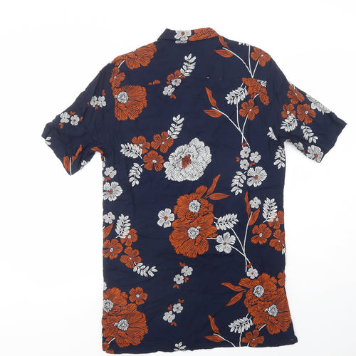 Primark Mens Blue Floral Viscose  Button-Up Size S Collared Button