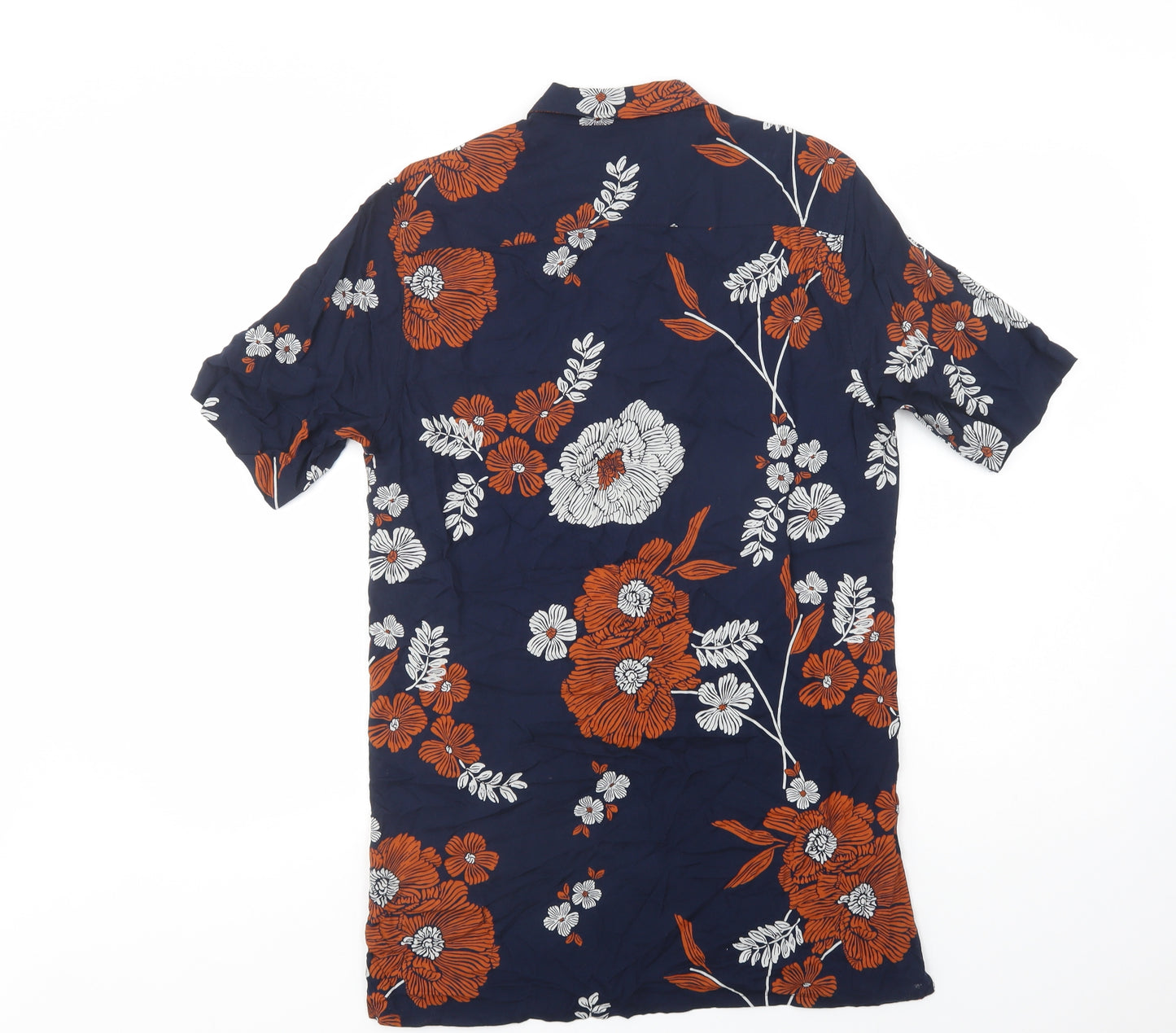 Primark Mens Blue Floral Viscose  Button-Up Size S Collared Button