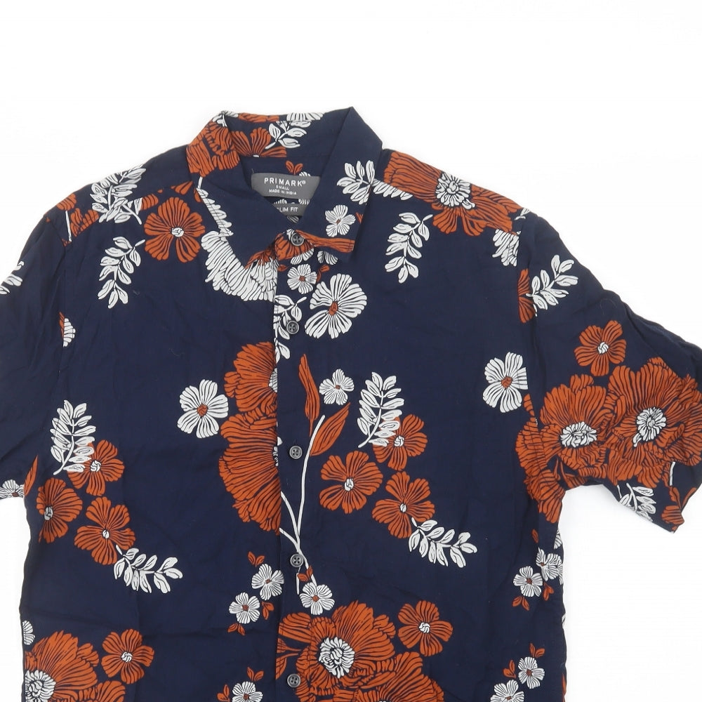 Primark Mens Blue Floral Viscose  Button-Up Size S Collared Button
