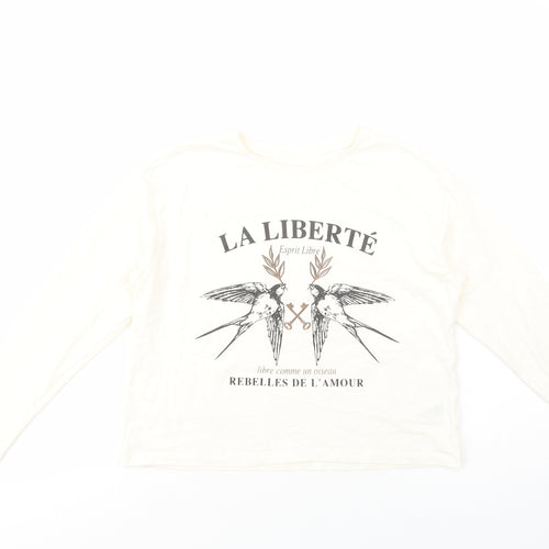 Dunnes Stores Girls Ivory  Cotton Pullover T-Shirt Size 10-11 Years Crew Neck Pullover - Birds