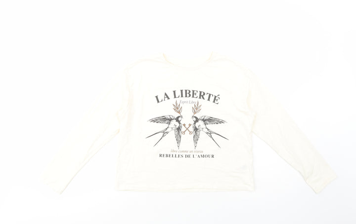 Dunnes Stores Girls Ivory  Cotton Pullover T-Shirt Size 10-11 Years Crew Neck Pullover - Birds