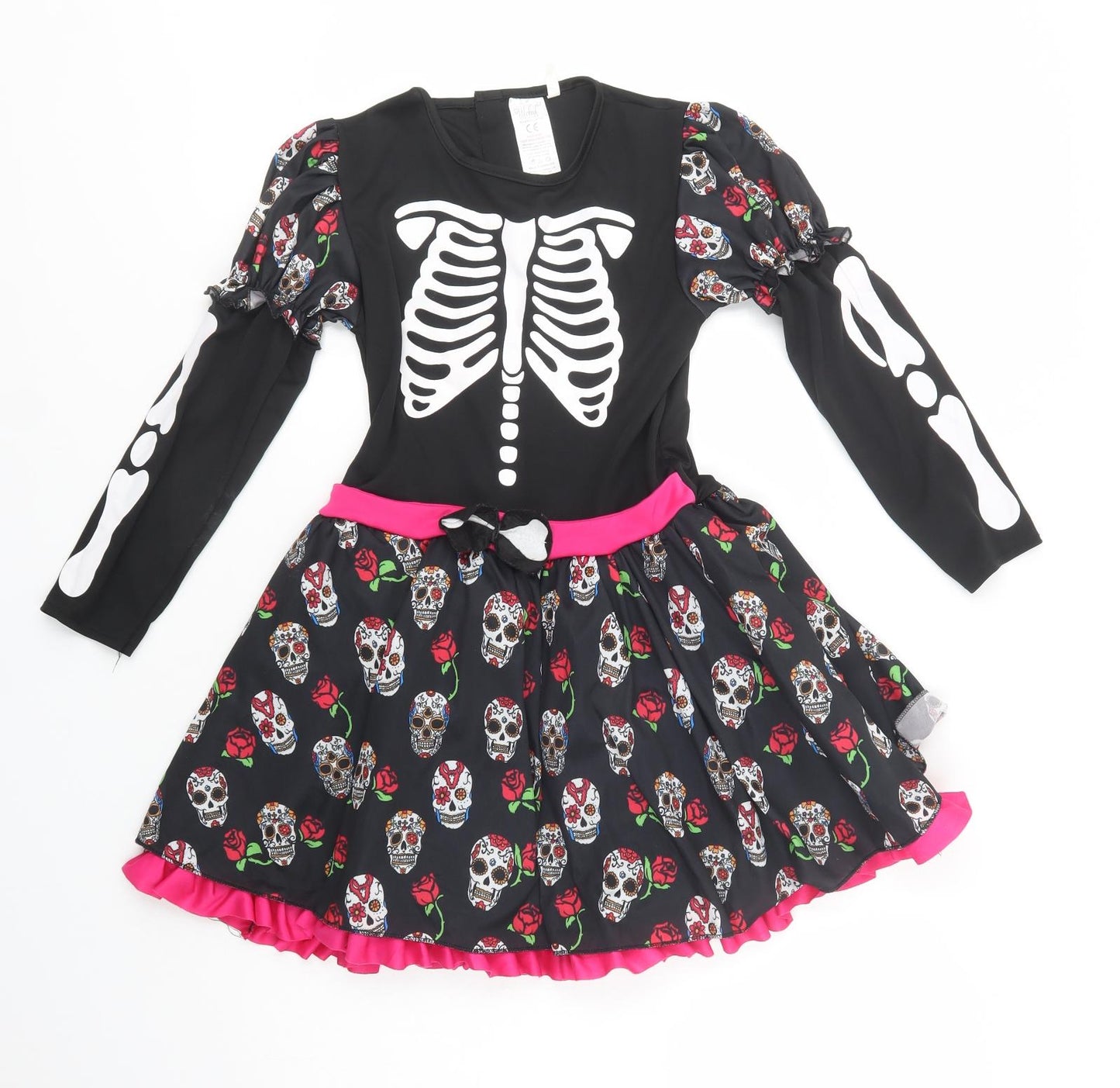 Wicked Costumes Girls Black Geometric Polyester Fit & Flare  Size 11-12 Years  Crew Neck Pullover - Skeleton Fancy Dress