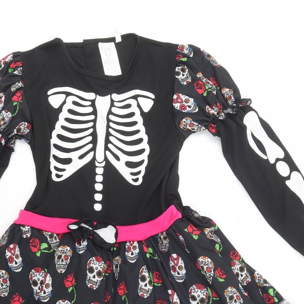 Wicked Costumes Girls Black Geometric Polyester Fit & Flare  Size 11-12 Years  Crew Neck Pullover - Skeleton Fancy Dress