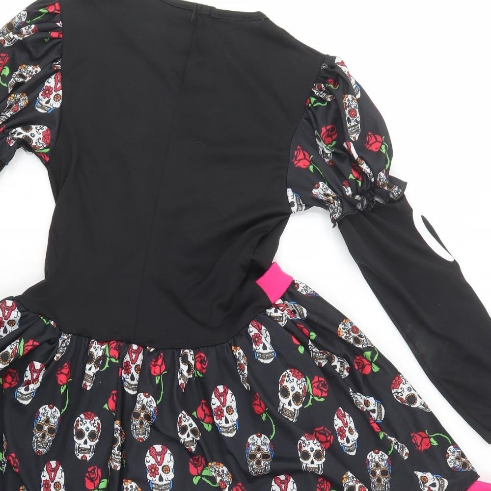 Wicked Costumes Girls Black Geometric Polyester Fit & Flare  Size 11-12 Years  Crew Neck Pullover - Skeleton Fancy Dress