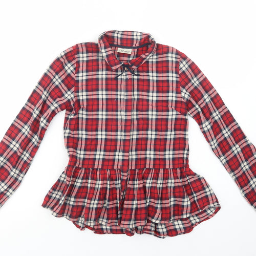 NEXT Girls Red Plaid Cotton Basic Button-Up Size 10 Years Collared Button
