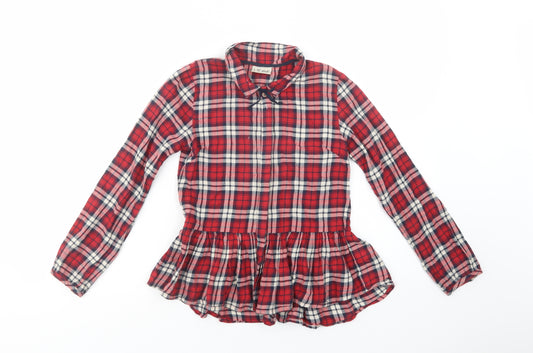 Front view of Next girls’ red plaid cotton basic button-up, size 10, years collared button
