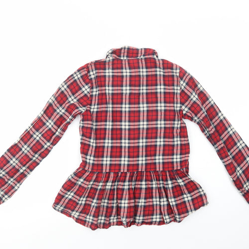 NEXT Girls Red Plaid Cotton Basic Button-Up Size 10 Years Collared Button