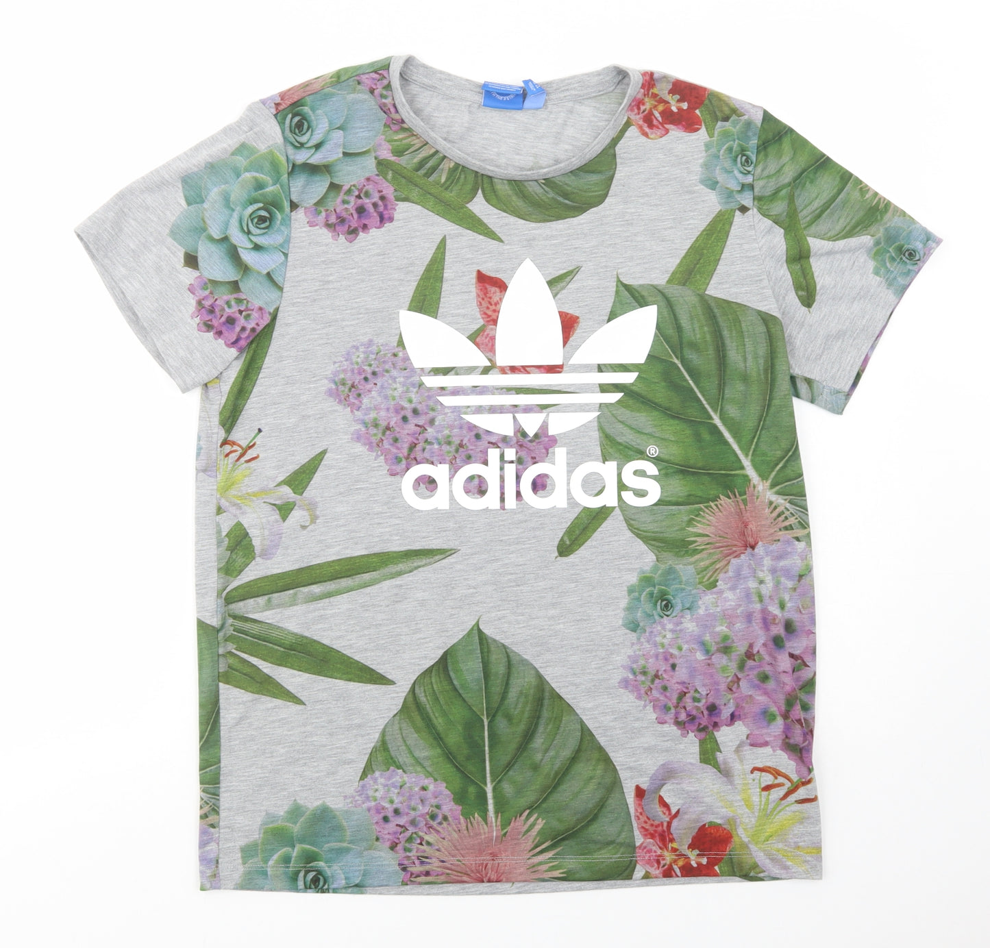 adidas Womens Grey Floral Polyester Basic T-Shirt Size 12 Crew Neck
