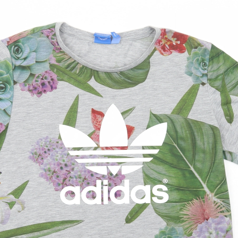 adidas Womens Grey Floral Polyester Basic T-Shirt Size 12 Crew Neck