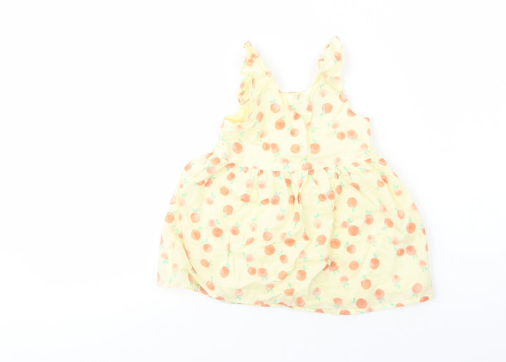 Primark Baby Yellow Geometric Cotton Tank Dress Size 9-12 Months Scoop Neck Button - Peach Print
