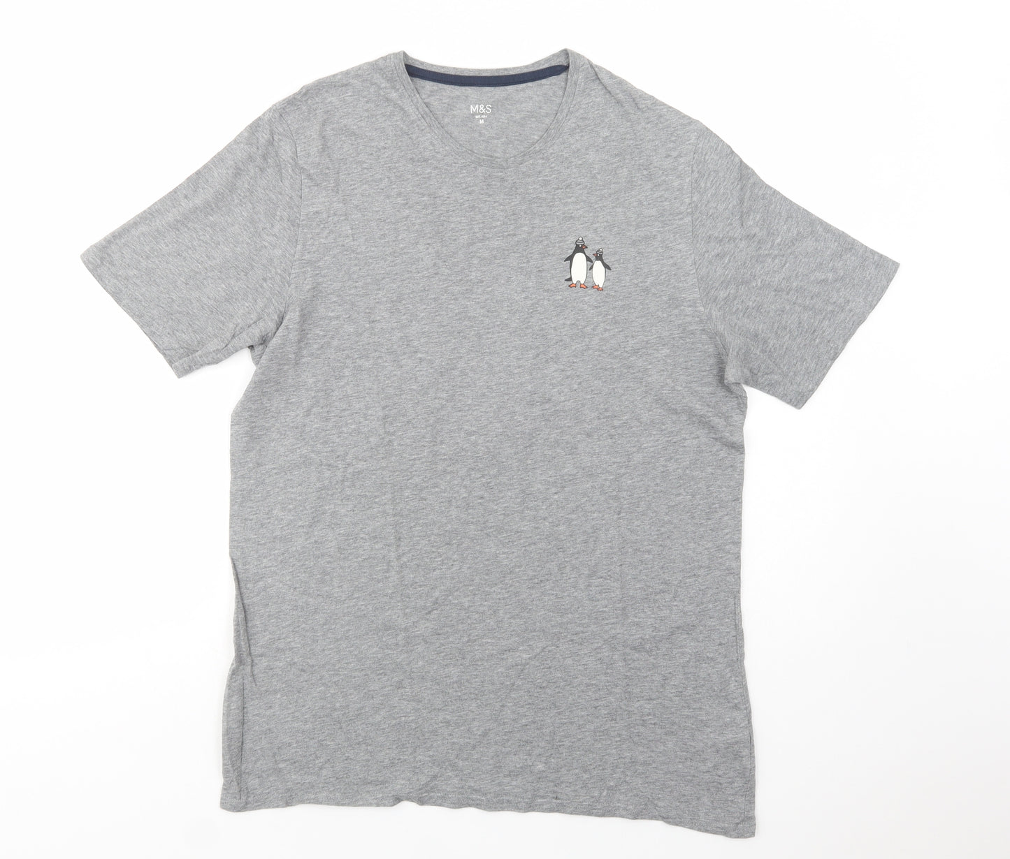 Marks and Spencer Mens Grey  Cotton  T-Shirt Size M Crew Neck  - Penguins