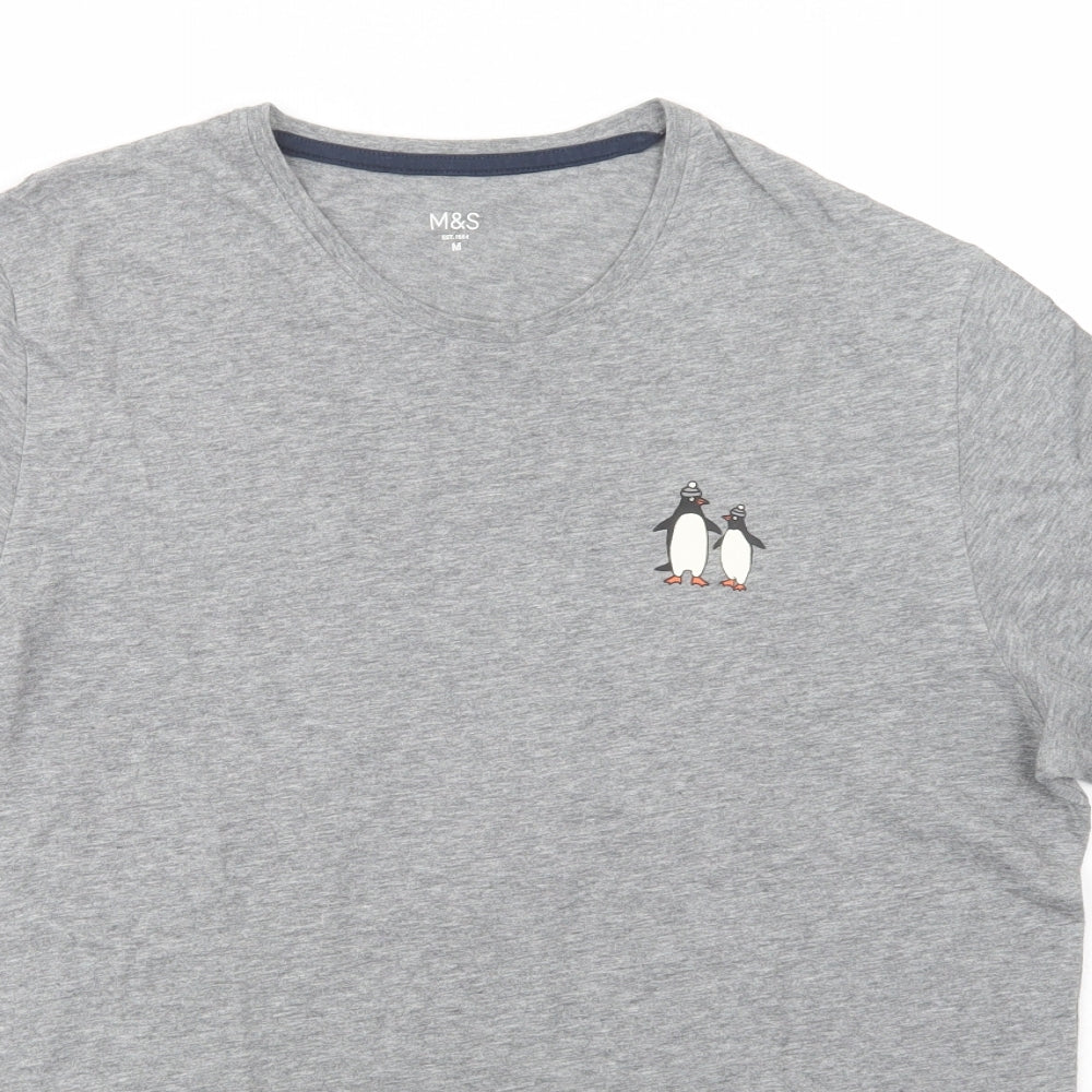 Marks and Spencer Mens Grey  Cotton  T-Shirt Size M Crew Neck  - Penguins
