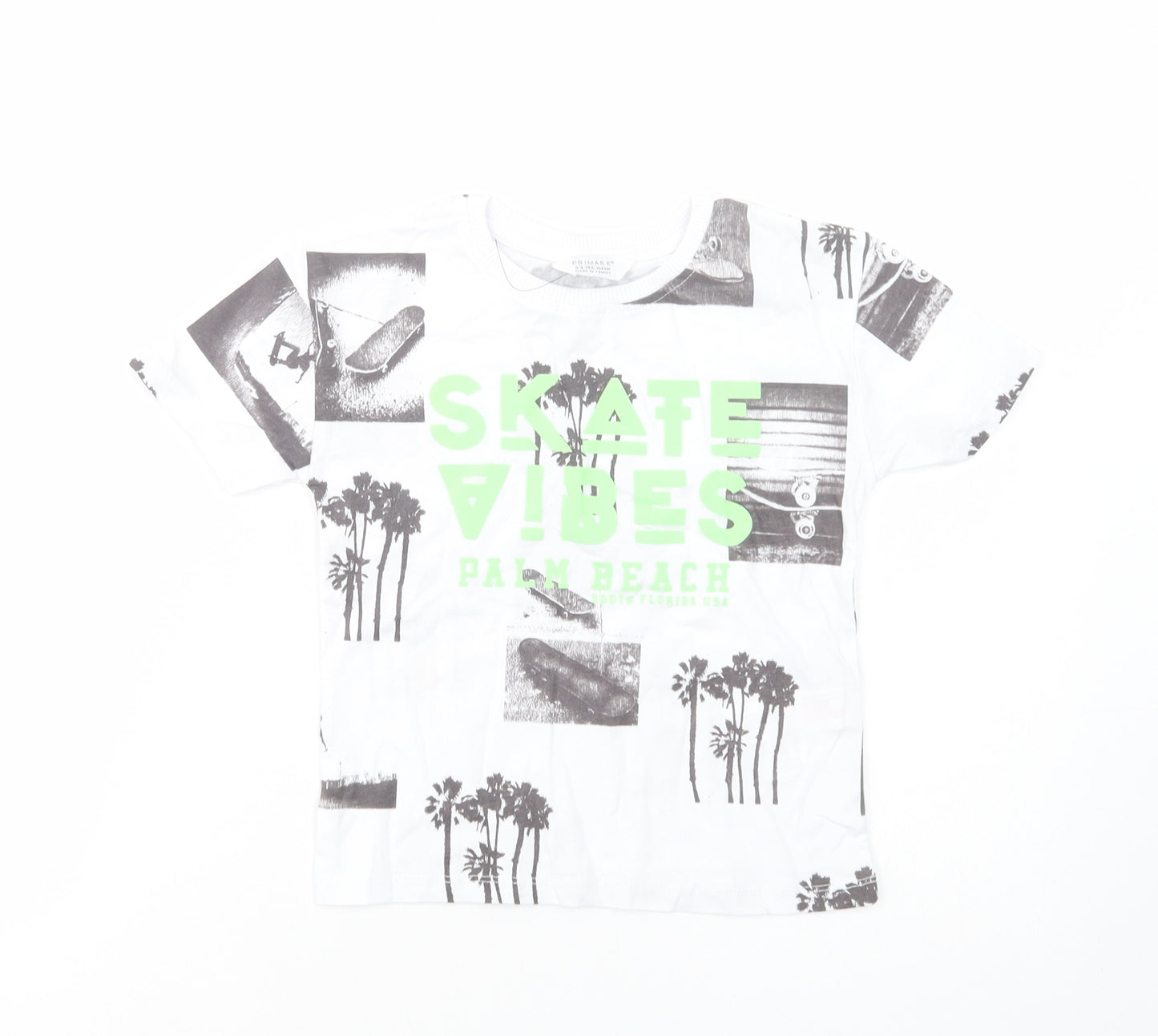 Primark Boys White Geometric Cotton Basic T-Shirt Size 3-4 Years Crew Neck Pullover - Skate Vibes