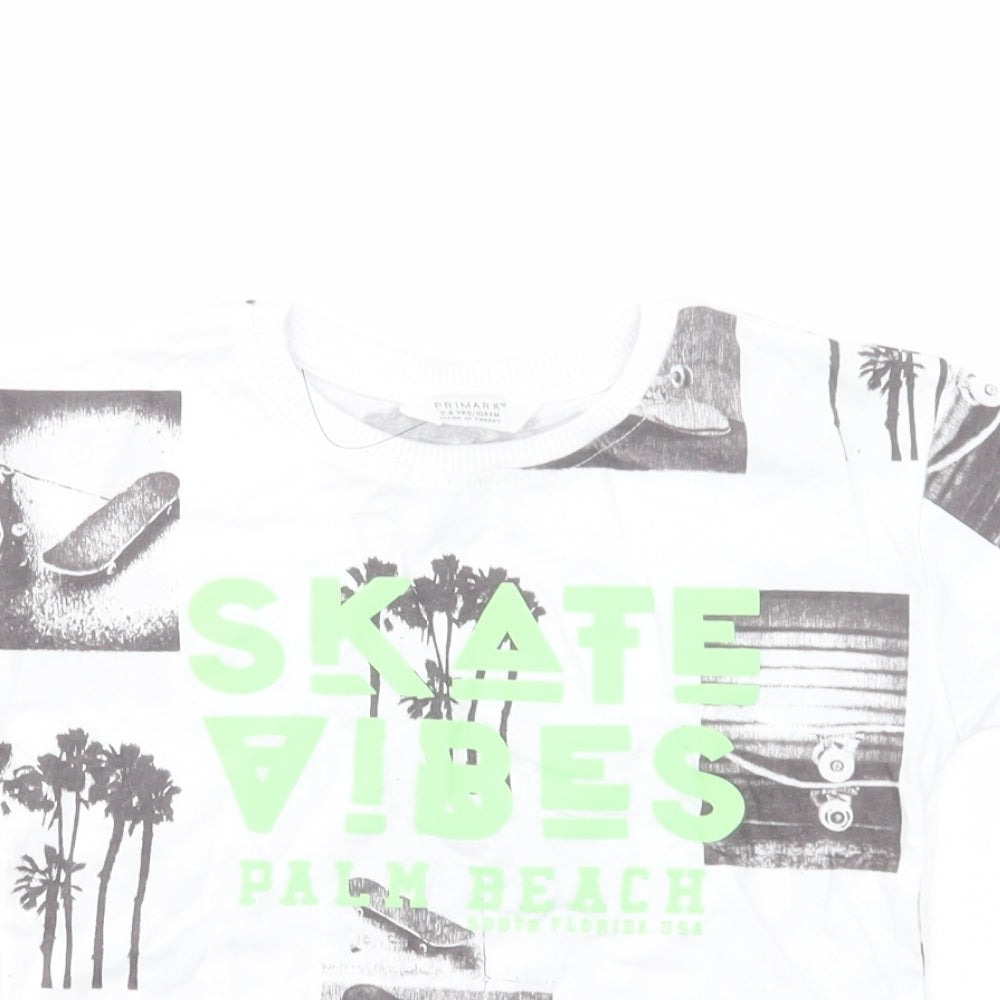 Primark Boys White Geometric Cotton Basic T-Shirt Size 3-4 Years Crew Neck Pullover - Skate Vibes