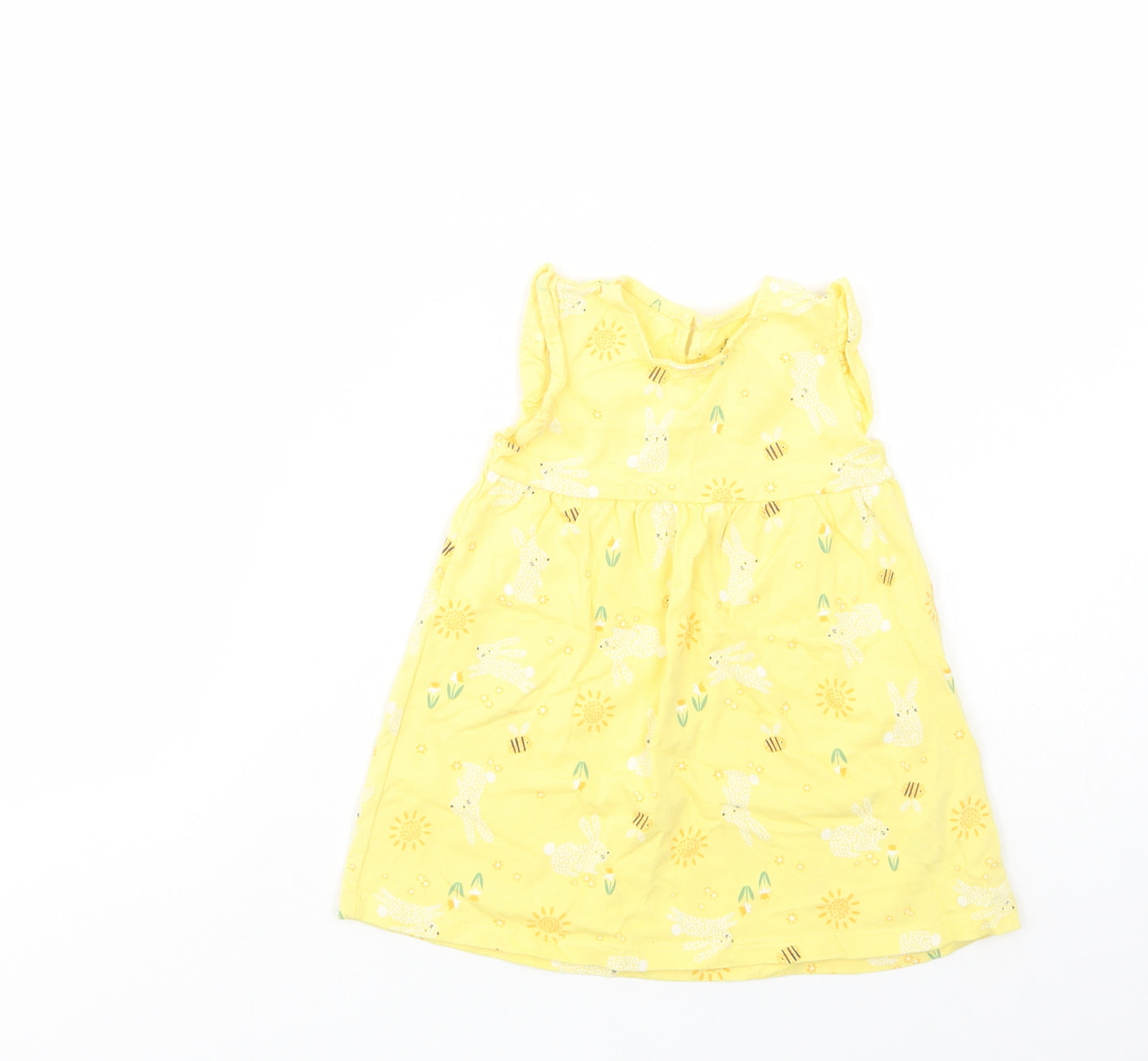 F&F Baby Yellow Geometric Cotton Tank Dress  Size 9-12 Months  Crew Neck Button - Bunny Print