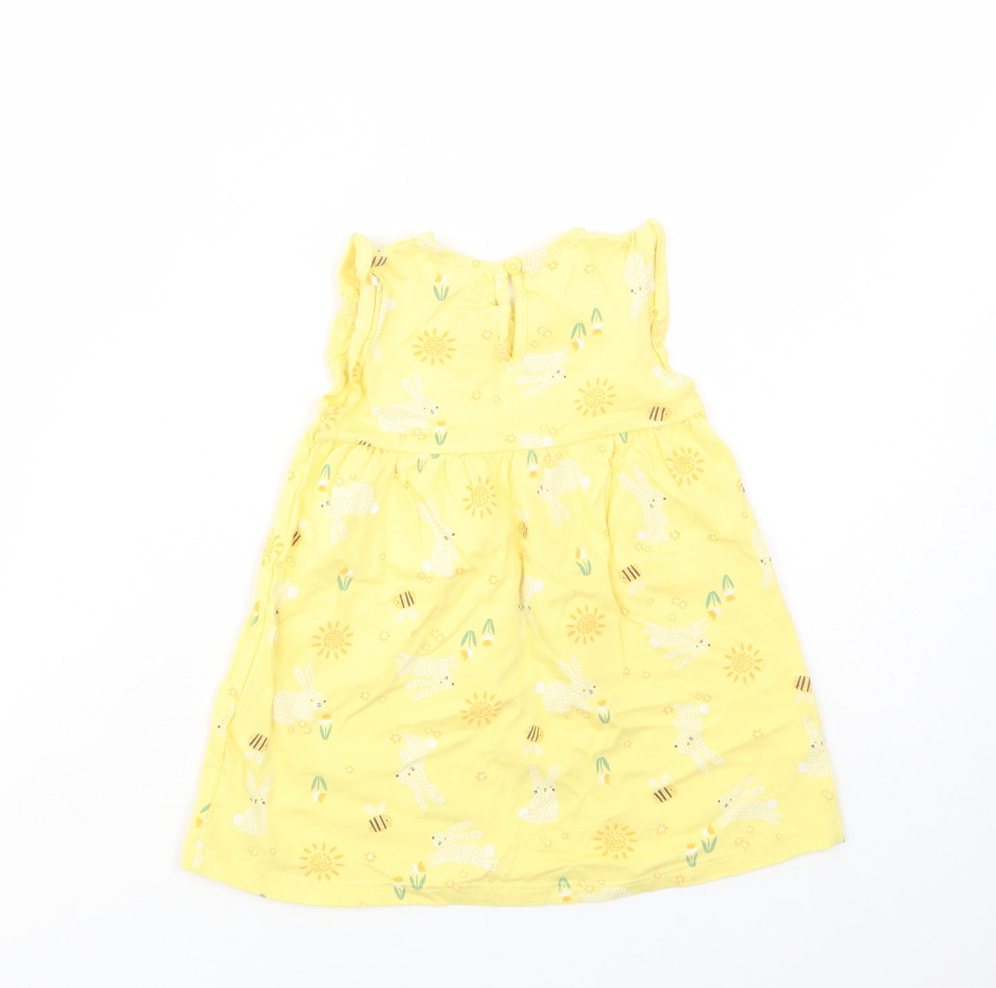 F&F Baby Yellow Geometric Cotton Tank Dress  Size 9-12 Months  Crew Neck Button - Bunny Print