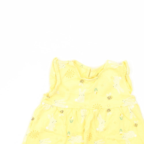 F&F Baby Yellow Geometric Cotton Tank Dress  Size 9-12 Months  Crew Neck Button - Bunny Print