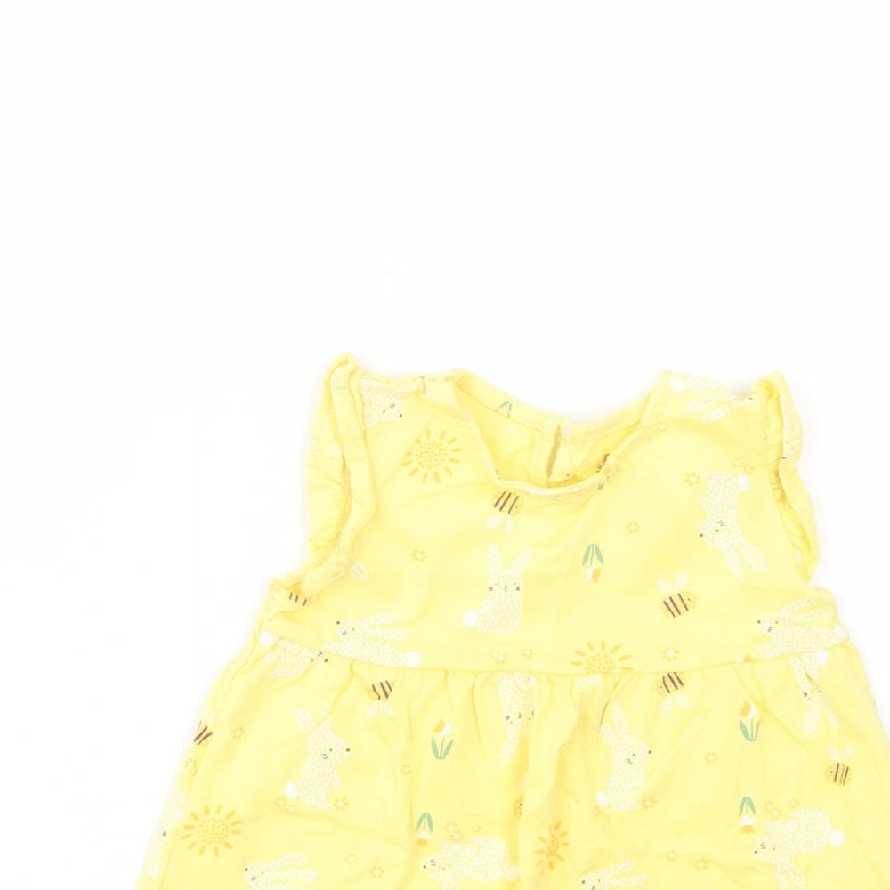 F&F Baby Yellow Geometric Cotton Tank Dress  Size 9-12 Months  Crew Neck Button - Bunny Print