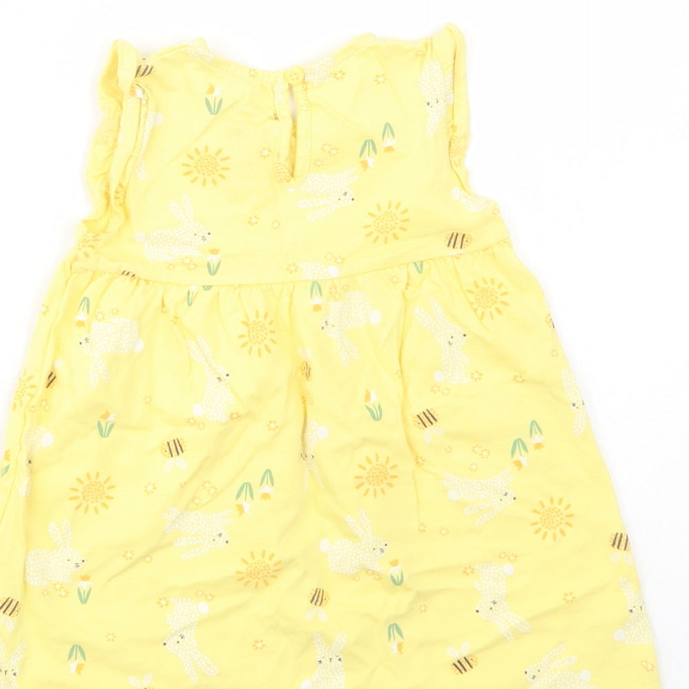 F&F Baby Yellow Geometric Cotton Tank Dress  Size 9-12 Months  Crew Neck Button - Bunny Print