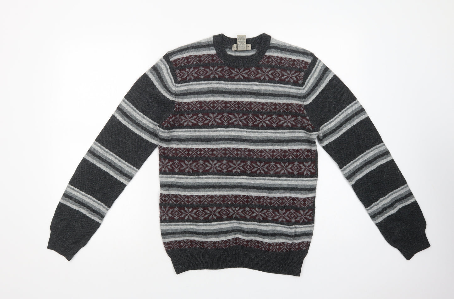 Retreat Mens Grey Crew Neck Fair Isle Acrylic Pullover Jumper Size S