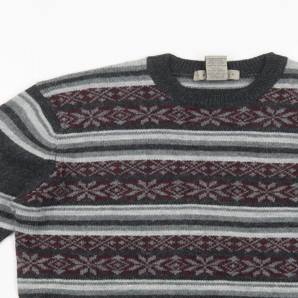 Retreat Mens Grey Crew Neck Fair Isle Acrylic Pullover Jumper Size S
