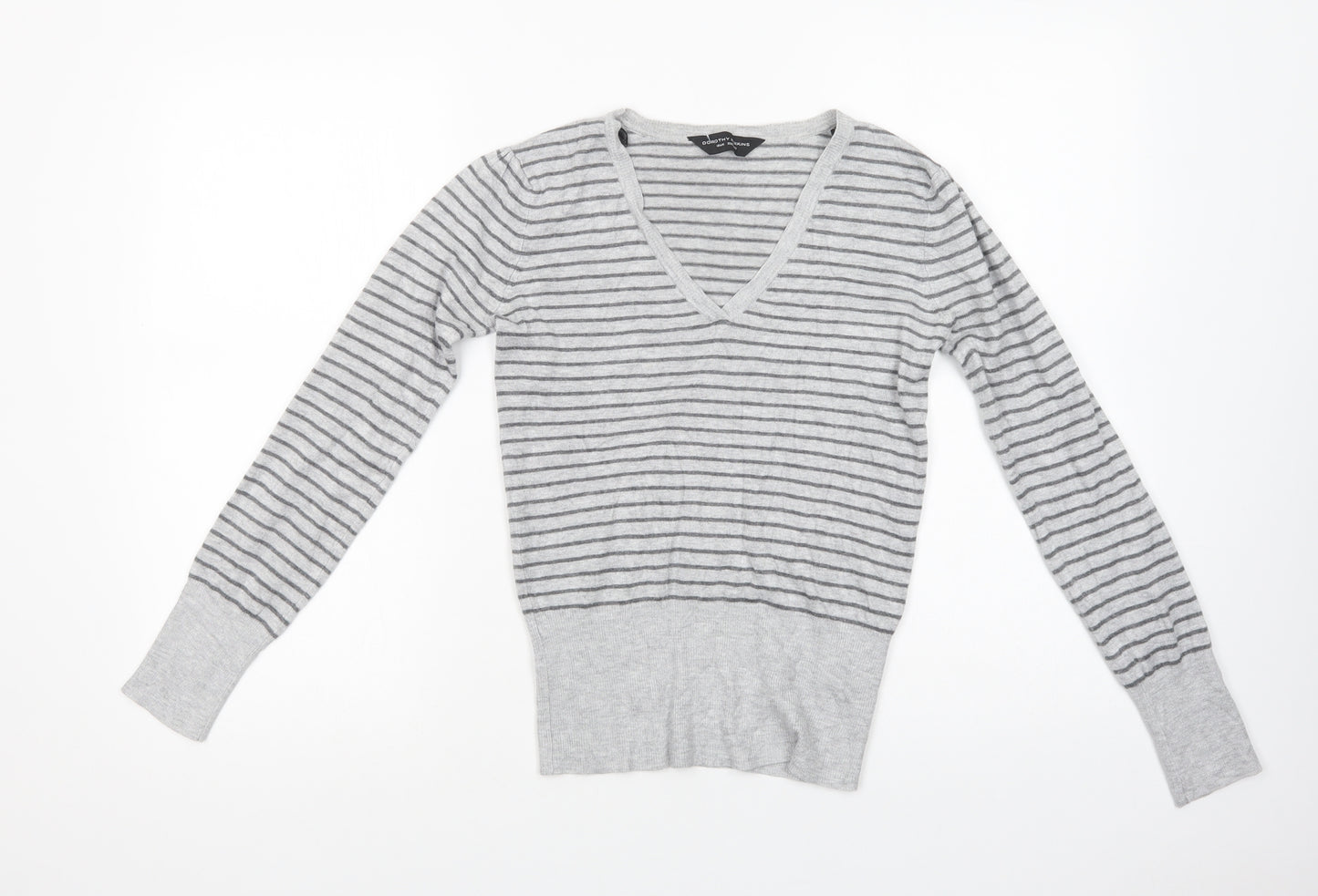Dorothy Perkins Womens Grey V-Neck Striped Viscose Pullover Jumper Size 10