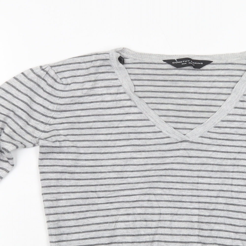 Dorothy Perkins Womens Grey V-Neck Striped Viscose Pullover Jumper Size 10