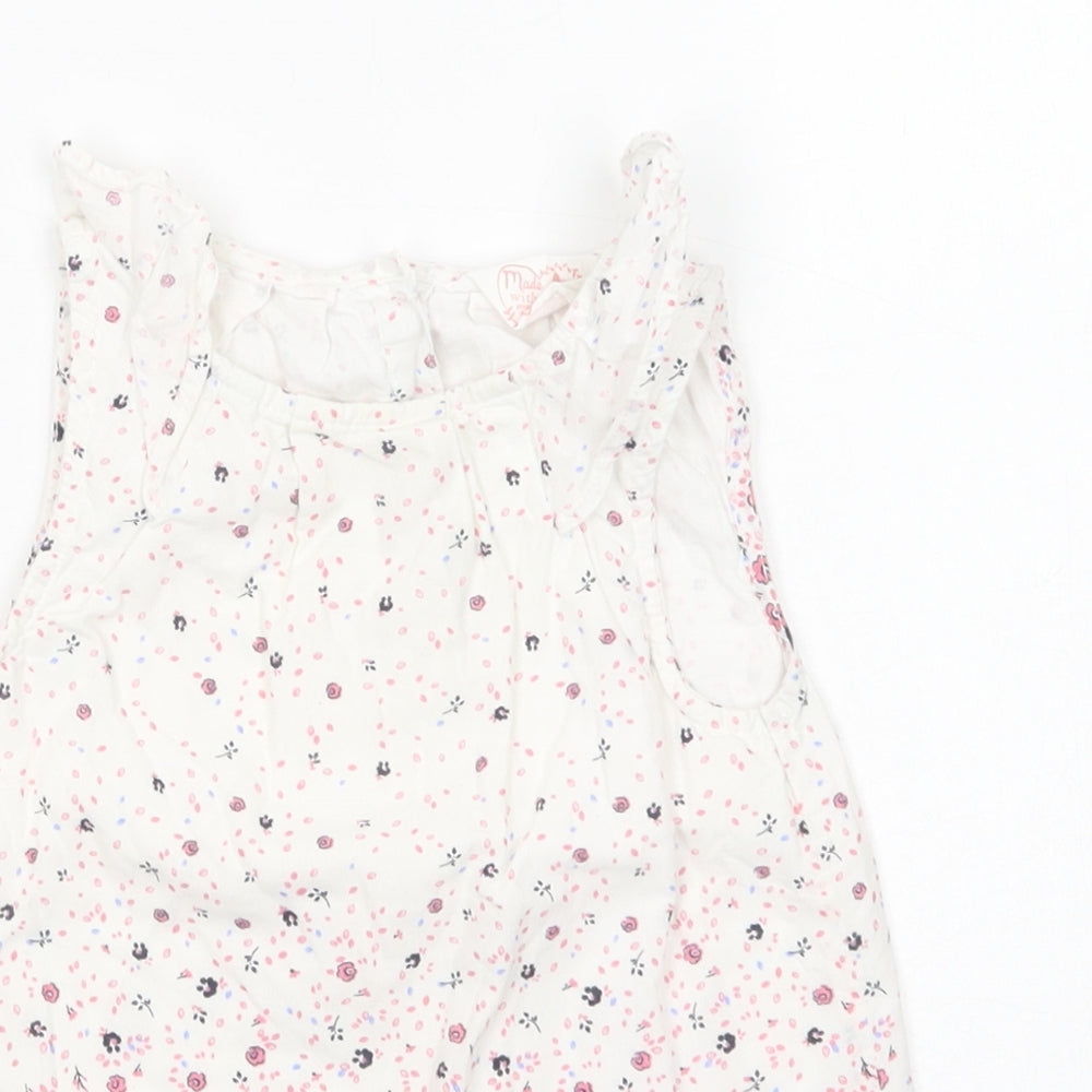 Primark Girls White Floral Cotton Pullover Blouse Size 2-3 Years Crew Neck Button