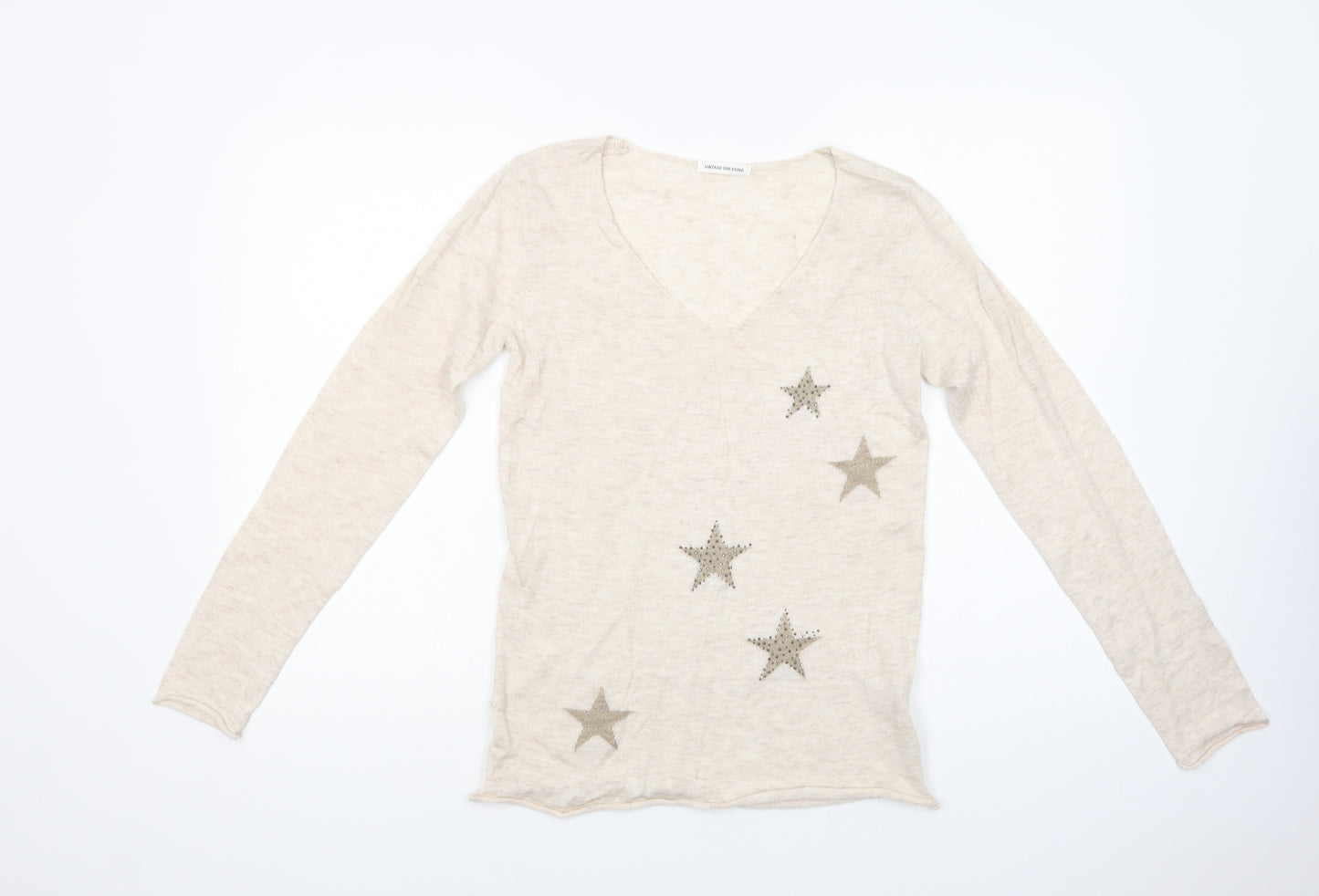 Vintage Dressing Womens Beige V-Neck  Polyester Pullover Jumper Size S   - Stars