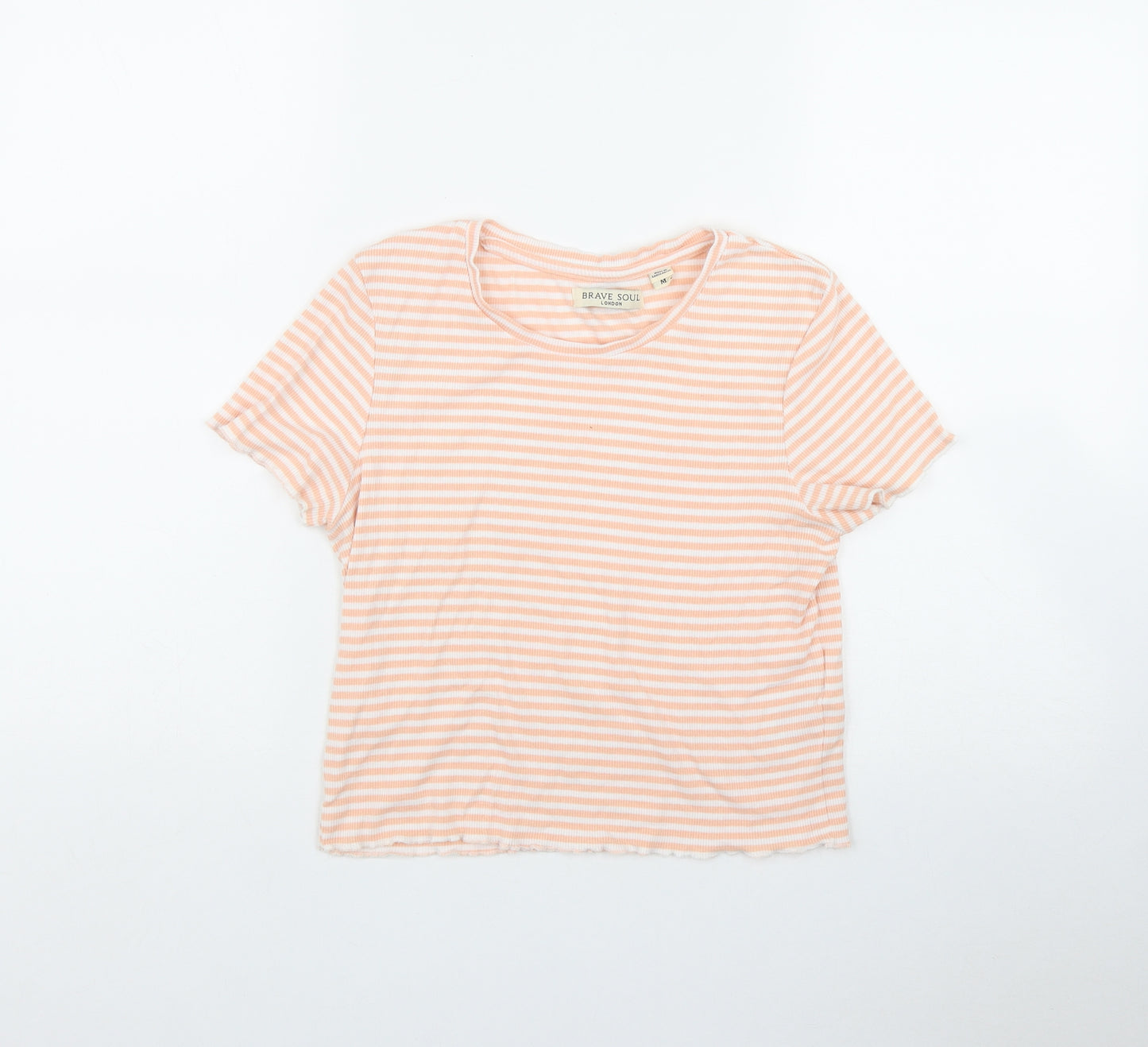Brave Soul Womens Orange Striped Cotton Basic T-Shirt Size M Round Neck