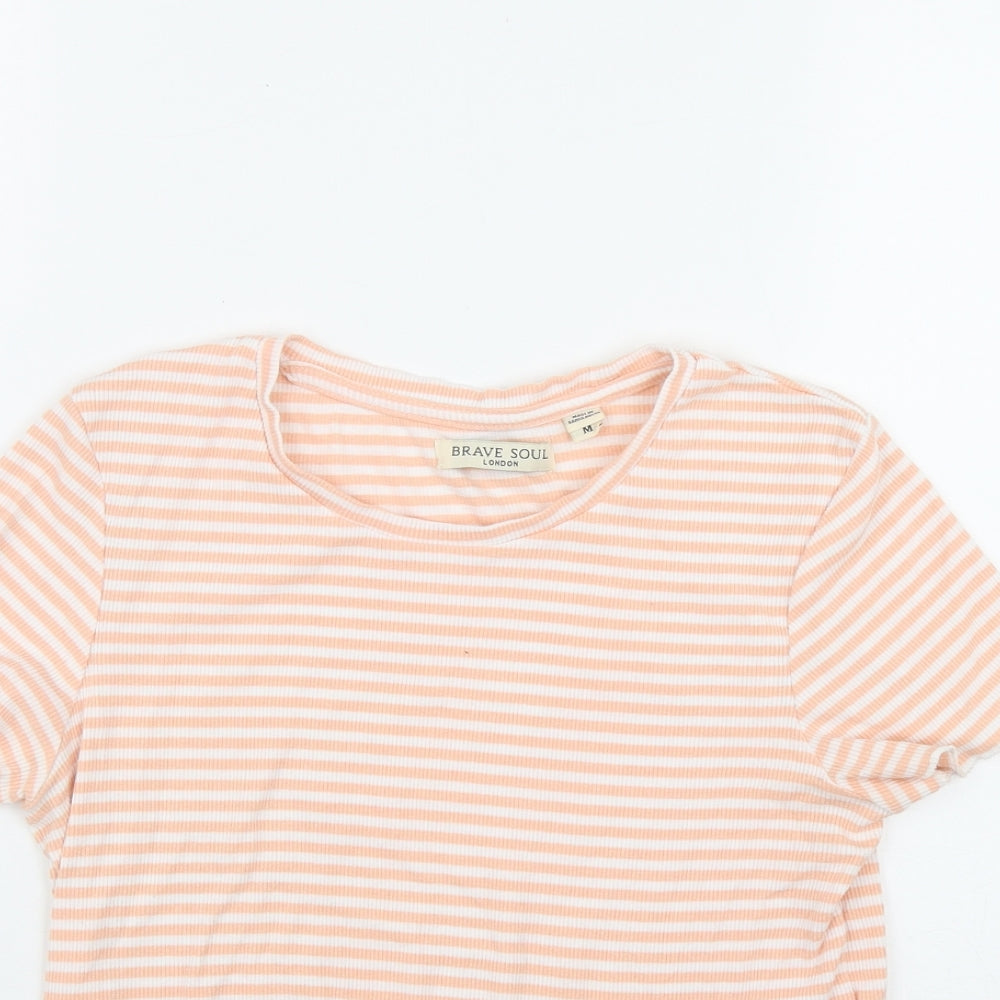 Brave Soul Womens Orange Striped Cotton Basic T-Shirt Size M Round Neck
