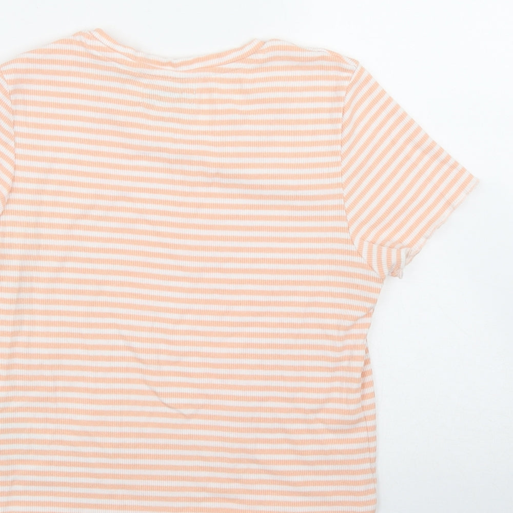 Brave Soul Womens Orange Striped Cotton Basic T-Shirt Size M Round Neck