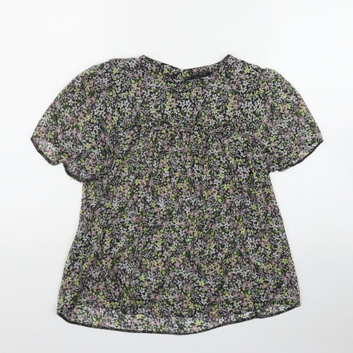 George Womens Black Floral Polyester Basic T-Shirt Size 8 Round Neck