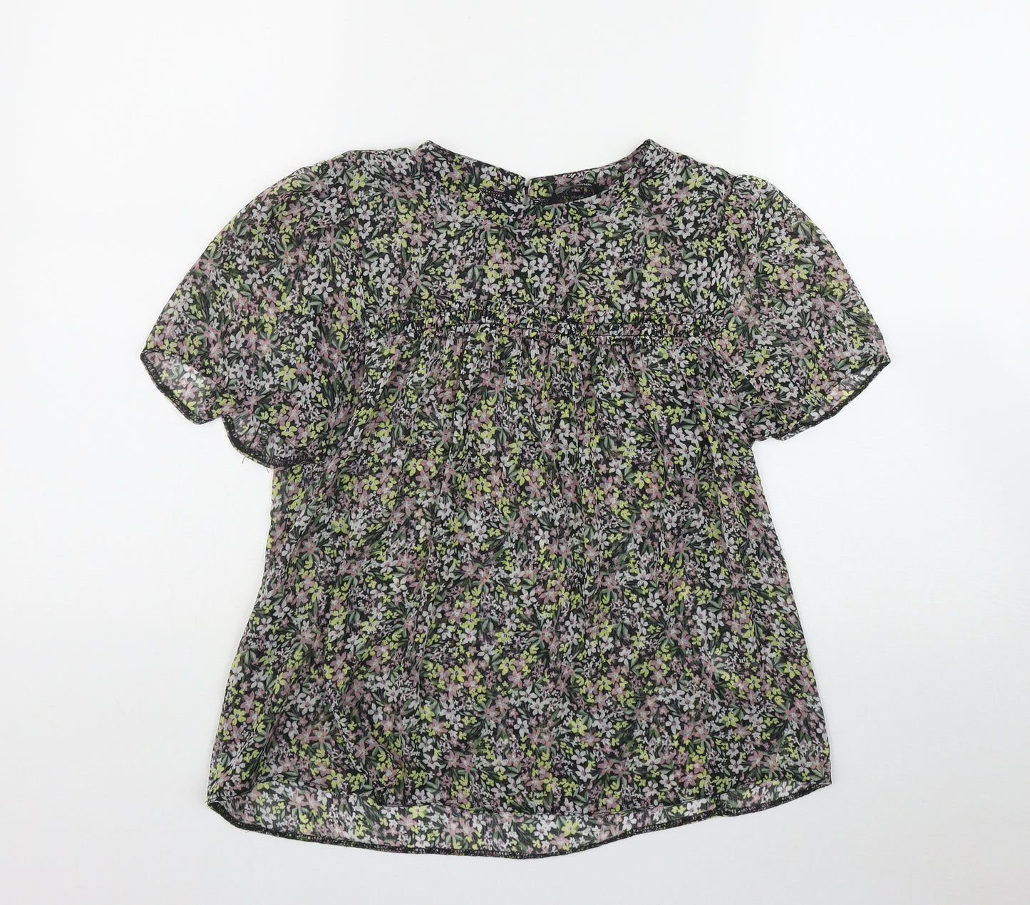 George Womens Black Floral Polyester Basic T-Shirt Size 8 Round Neck