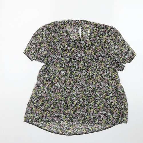 George Womens Black Floral Polyester Basic T-Shirt Size 8 Round Neck